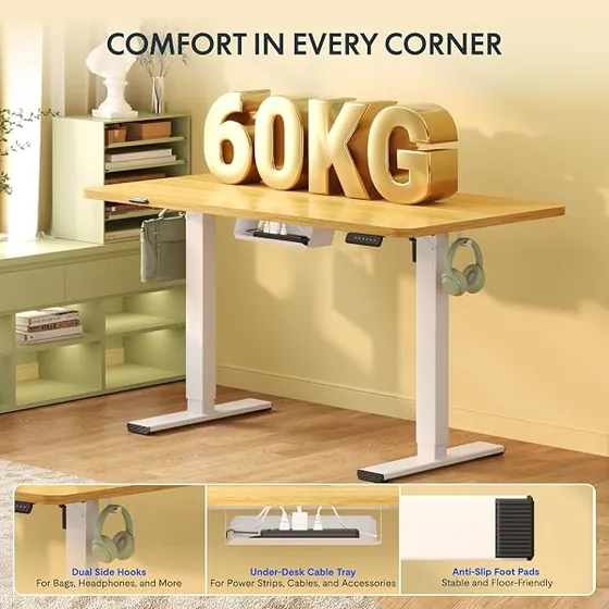 FLEXISPOT 120x60 arce, escritorio elevable de color arce＋blanco con tablero de 120 cm de ancho — imagen 4 de 6