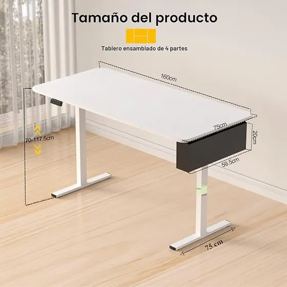 GOKHOMX 160x75, escritorio elevable de color blanco con tablero de 160 cm de ancho — imagen 3 de 6