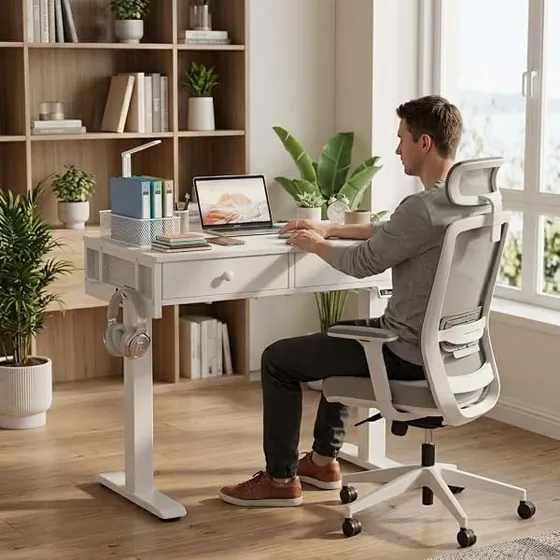 Lufeiya 80x50 con cinta, escritorio elevable de color blanco con tablero de 80 cm de ancho — imagen 2 de 6