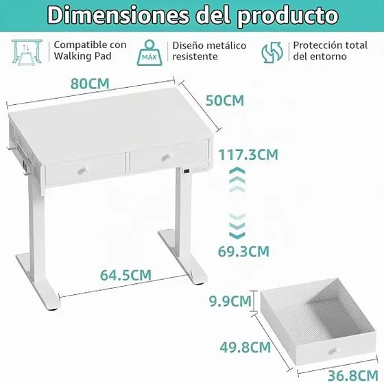 Lufeiya 80x50 con cinta, escritorio elevable de color blanco con tablero de 80 cm de ancho — imagen 4 de 6