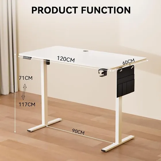EarthyHome 120x60, escritorio elevable de color blanco con tablero de 120 cm de ancho — imagen 2 de 6