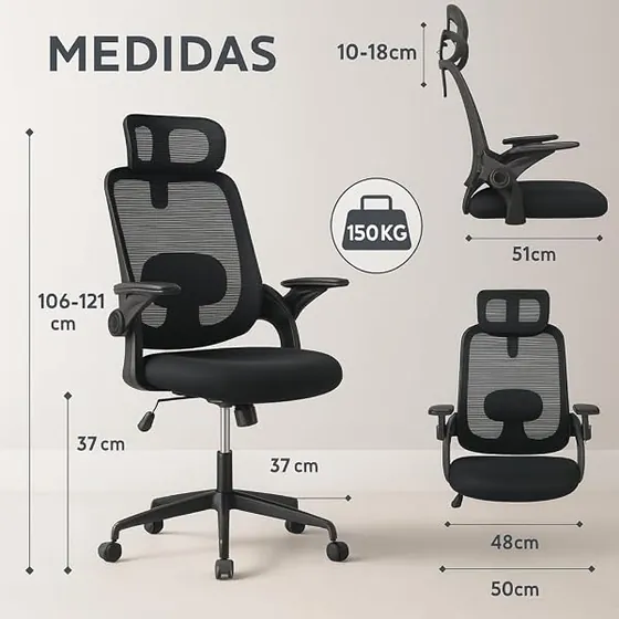 T-LoVendo con reposacabezas, silla de escritorio de color negro con respaldo de malla transpirable — imagen 3 de 6