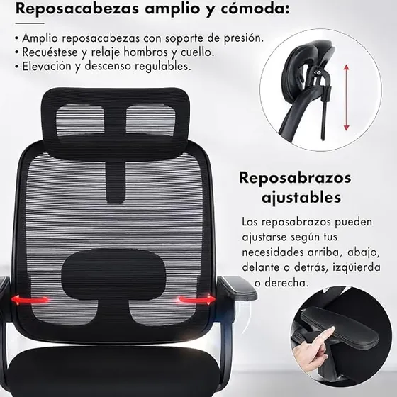 T-LoVendo con reposacabezas, silla de escritorio de color negro con respaldo de malla transpirable — imagen 4 de 6