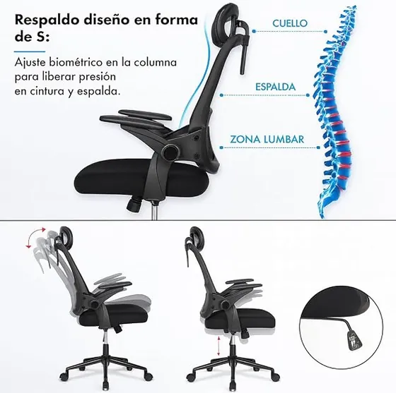 T-LoVendo con reposacabezas, silla de escritorio de color negro con respaldo de malla transpirable — imagen 5 de 6