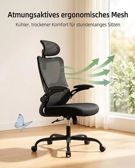 Marsail con lumbar 2D, silla de escritorio de color negro moderno con respaldo de malla transpirable — imagen 3 de 6