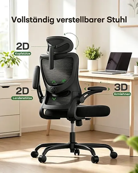 Marsail con lumbar 2D, silla de escritorio de color negro moderno con respaldo de malla transpirable — imagen 4 de 6
