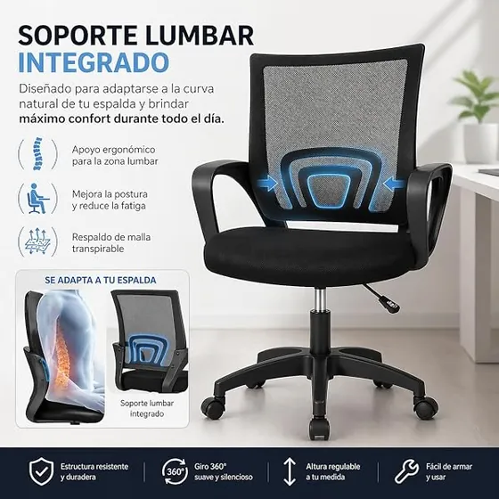 T-LoVendo de malla ligera, silla de escritorio de color negro con respaldo de malla transpirable — imagen 4 de 6