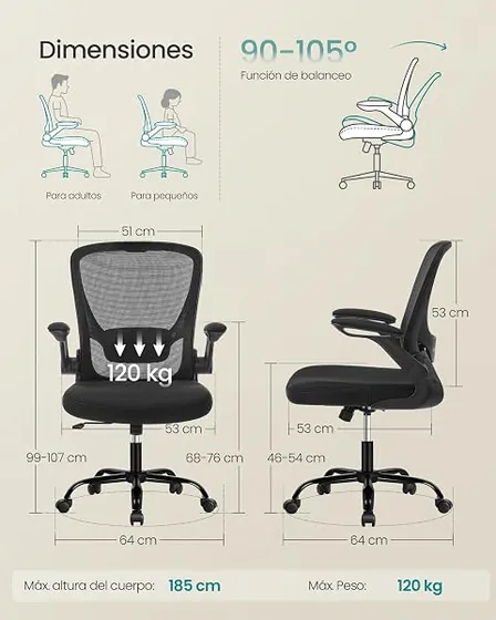 SONGMICS con apoyabrazos abatibles, silla de escritorio de color negro con respaldo de malla transpirable — imagen 3 de 6