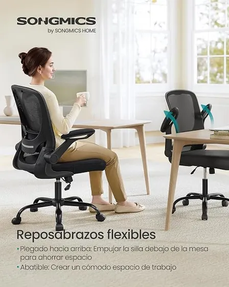 SONGMICS con apoyabrazos abatibles, silla de escritorio de color negro con respaldo de malla transpirable — imagen 4 de 6