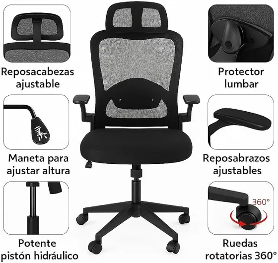 T-LoVendo ejecutiva de malla, silla de escritorio de color negro con respaldo de malla transpirable — imagen 5 de 6