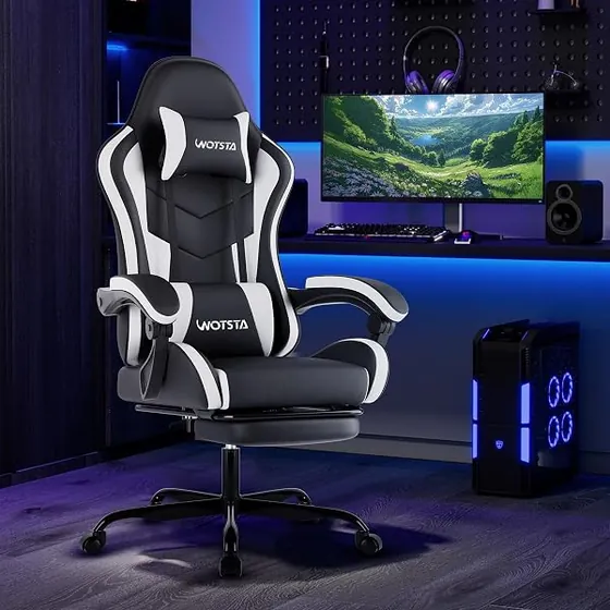 WOTSTA gaming con masajeador, silla de escritorio de color blackwhite con respaldo de piel sintetica — imagen 2 de 6