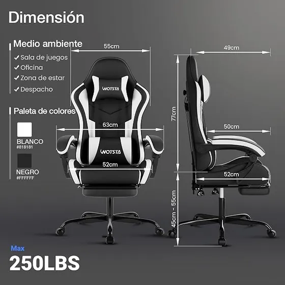 WOTSTA gaming con masajeador, silla de escritorio de color blackwhite con respaldo de piel sintetica — imagen 3 de 6