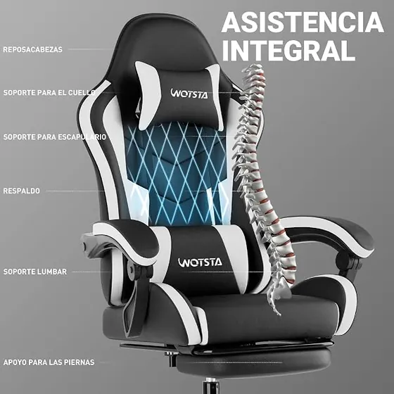 WOTSTA gaming con masajeador, silla de escritorio de color blackwhite con respaldo de piel sintetica — imagen 4 de 6