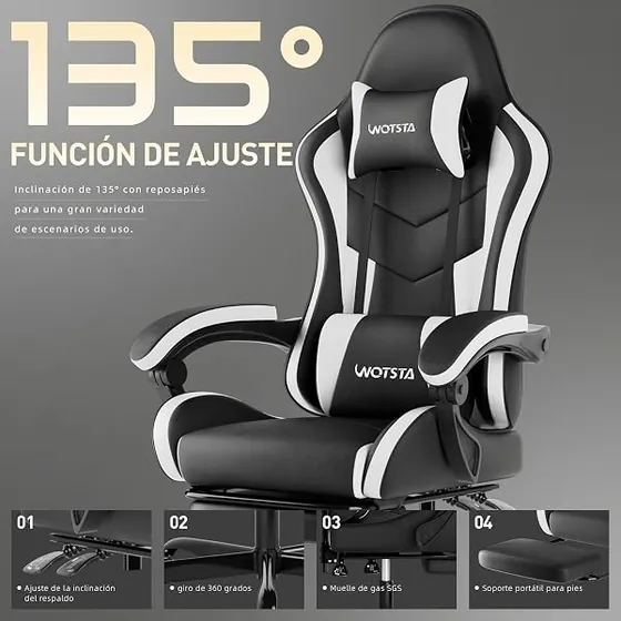 WOTSTA gaming con masajeador, silla de escritorio de color blackwhite con respaldo de piel sintetica — imagen 6 de 6