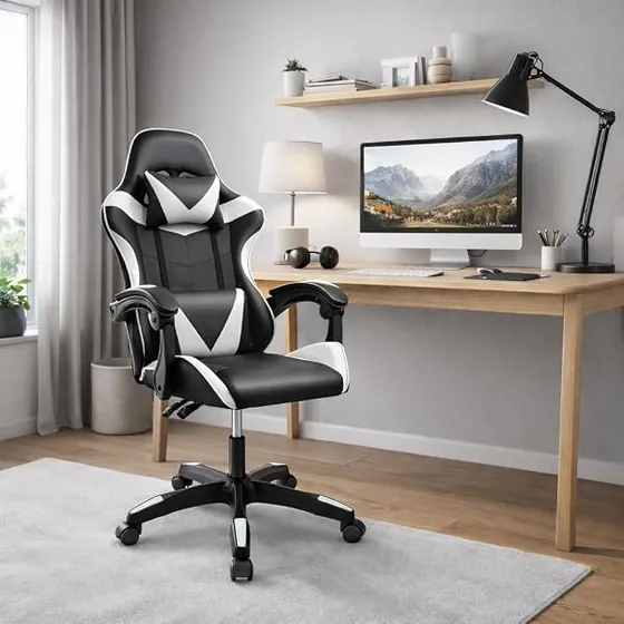 T-LoVendo gaming blanca, silla de escritorio de color blanco con respaldo de acolchado tapizado — imagen 2 de 6