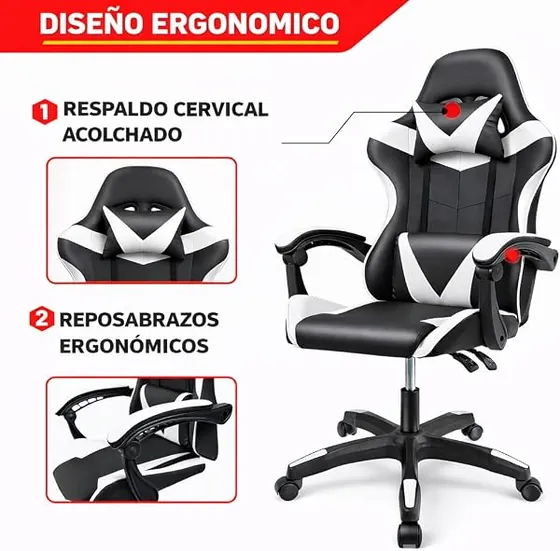 T-LoVendo gaming blanca, silla de escritorio de color blanco con respaldo de acolchado tapizado — imagen 5 de 6