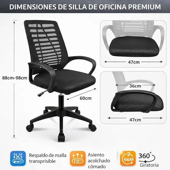 T-LoVendo de malla ligera con brazos, silla de escritorio de color negro con respaldo de malla transpirable — imagen 3 de 6