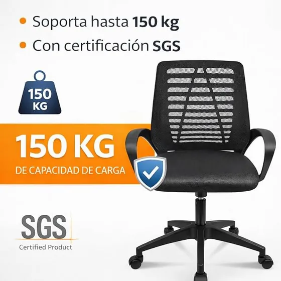 T-LoVendo de malla ligera con brazos, silla de escritorio de color negro con respaldo de malla transpirable — imagen 5 de 6