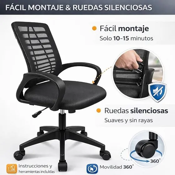 T-LoVendo de malla ligera con brazos, silla de escritorio de color negro con respaldo de malla transpirable — imagen 6 de 6