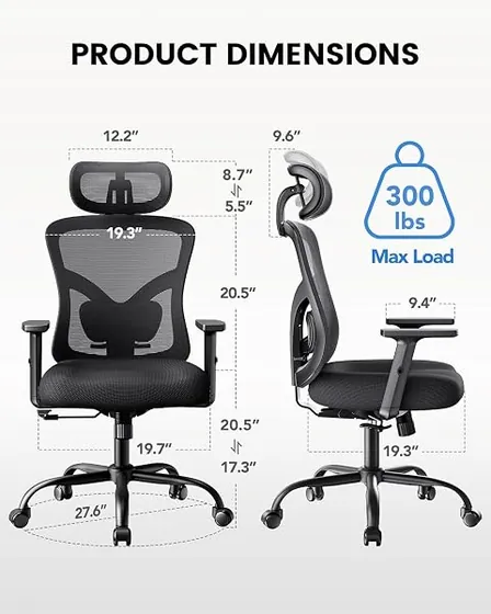 NOBLEWELL con cojín grueso, silla de escritorio de color negro con respaldo de malla transpirable — imagen 3 de 6