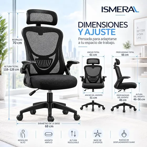 ISMERAL ligera con reposacabezas, silla de escritorio de color negro con respaldo de malla transpirable — imagen 2 de 6