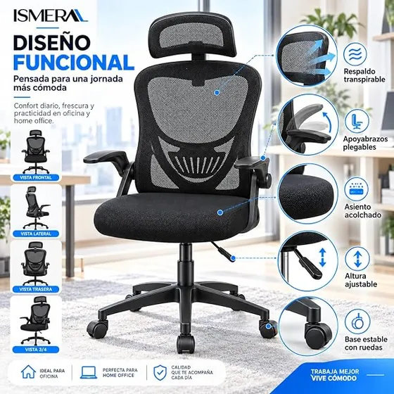 ISMERAL ligera con reposacabezas, silla de escritorio de color negro con respaldo de malla transpirable — imagen 3 de 6