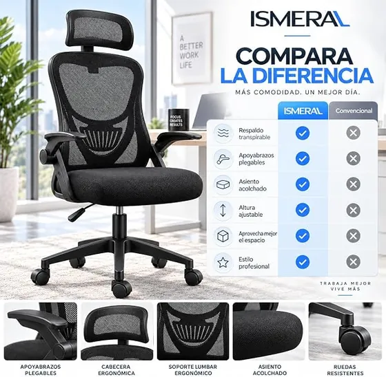 ISMERAL ligera con reposacabezas, silla de escritorio de color negro con respaldo de malla transpirable — imagen 6 de 6