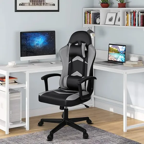 T-LoVendo gaming de respaldo alto, silla de escritorio de color negro con respaldo de piel sintetica — imagen 2 de 6