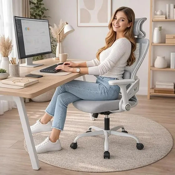 T-LoVendo profesional de malla, silla de escritorio de color gris con respaldo de malla transpirable — imagen 2 de 6