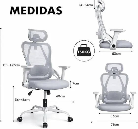 T-LoVendo profesional de malla, silla de escritorio de color gris con respaldo de malla transpirable — imagen 3 de 6