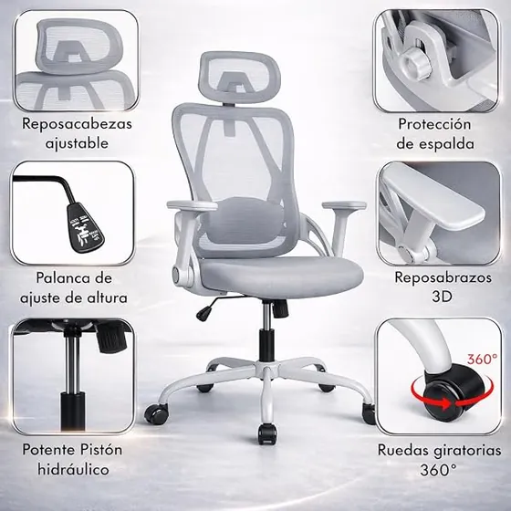 T-LoVendo profesional de malla, silla de escritorio de color gris con respaldo de malla transpirable — imagen 5 de 6