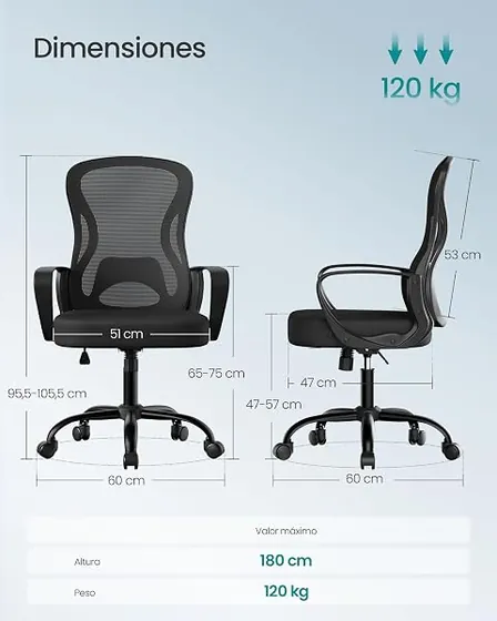SONGMICS de asiento ancho, silla de escritorio de color negro tinta con respaldo de malla transpirable — imagen 3 de 6