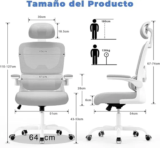 naspaluro de 136 kg, silla de escritorio de color mejora gris con respaldo de malla transpirable — imagen 2 de 6