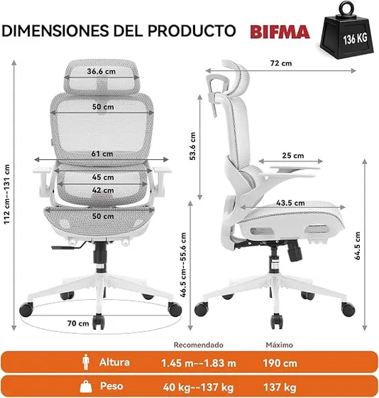 SIHOO B100, silla de escritorio de color b100(blanco) con respaldo de malla transpirable — imagen 3 de 6
