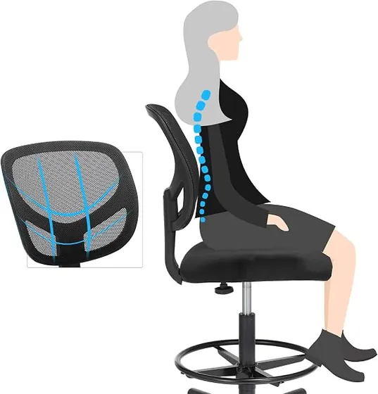 SONGMICS alta con reposapiés, silla de escritorio de color negro con respaldo de malla transpirable — imagen 4 de 6
