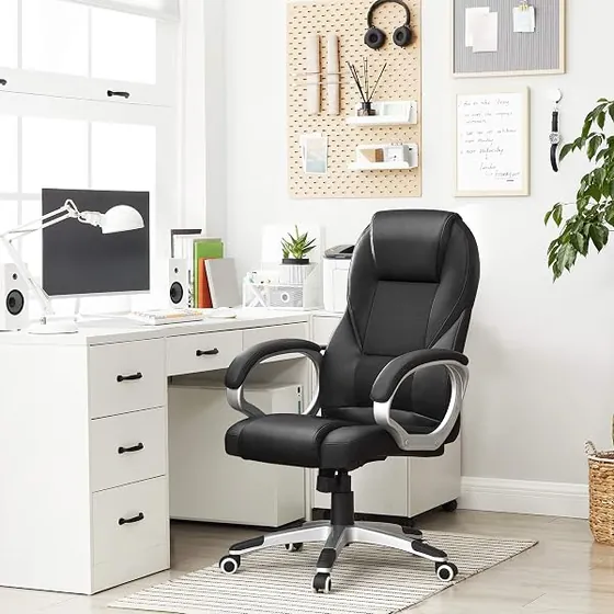 SONGMICS OBG22B tapizada, silla de escritorio de color negro con respaldo de piel sintetica — imagen 2 de 6