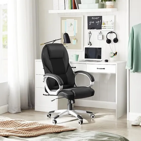 SONGMICS OBG22B tapizada, silla de escritorio de color negro con respaldo de piel sintetica — imagen 4 de 6