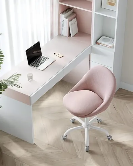 SONGMICS de terciopelo sin brazos, silla de escritorio de color rosa jalea con respaldo de acolchado tapizado — imagen 2 de 6