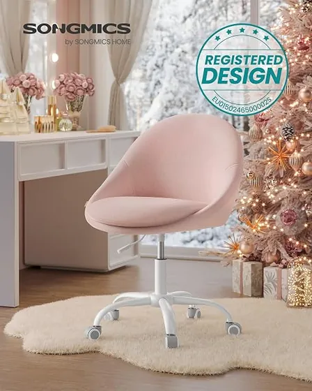 SONGMICS de terciopelo sin brazos, silla de escritorio de color rosa jalea con respaldo de acolchado tapizado — imagen 4 de 6