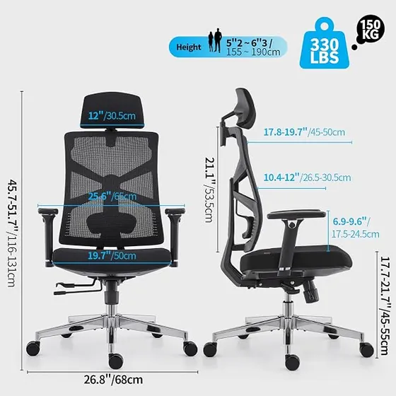 HOLLUDLE de respaldo adaptativo, silla de escritorio de color negro con respaldo de malla transpirable — imagen 3 de 6