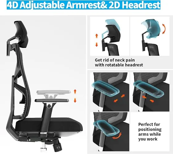 HOLLUDLE de respaldo adaptativo, silla de escritorio de color negro con respaldo de malla transpirable — imagen 4 de 6