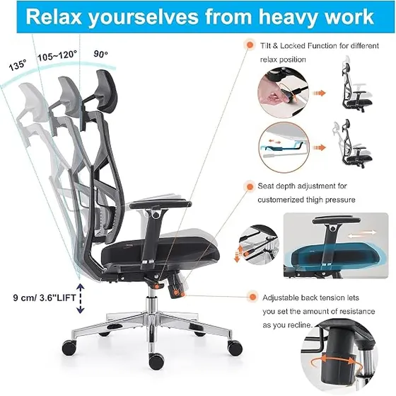 HOLLUDLE de respaldo adaptativo, silla de escritorio de color negro con respaldo de malla transpirable — imagen 6 de 6