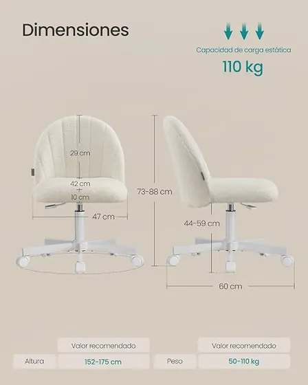 SONGMICS de peluche tipo concha, silla de escritorio de color blanco crema con respaldo de acolchado tapizado — imagen 3 de 6