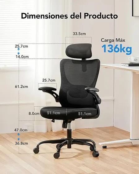 HUANUO de lumbar flexible, silla de escritorio de color negro con respaldo de malla transpirable — imagen 2 de 6
