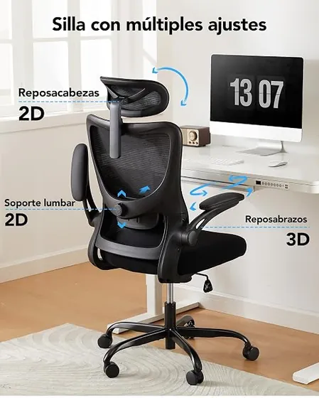 HUANUO de lumbar flexible, silla de escritorio de color negro con respaldo de malla transpirable — imagen 3 de 6
