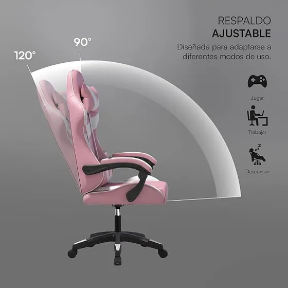Baroni Home rosa, silla de escritorio de color rosa y blanca con respaldo de piel sintetica — imagen 4 de 6