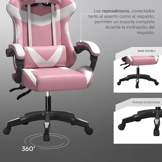 Baroni Home rosa, silla de escritorio de color rosa y blanca con respaldo de piel sintetica — imagen 5 de 6