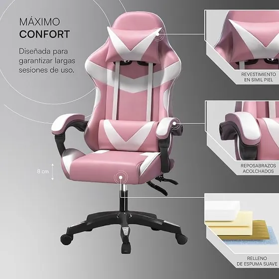 Baroni Home rosa, silla de escritorio de color rosa y blanca con respaldo de piel sintetica — imagen 6 de 6