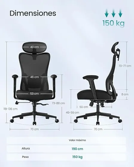 SONGMICS de 150 kg, silla de escritorio de color negro tinta con respaldo de malla transpirable — imagen 2 de 6