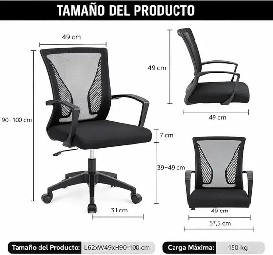T-LoVendo de malla con 150 kg, silla de escritorio de color negro con respaldo de malla transpirable — imagen 3 de 6